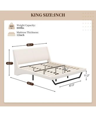 King Size White PU Leather Upholstered Platform Bed Frame, No Box Spring Needed