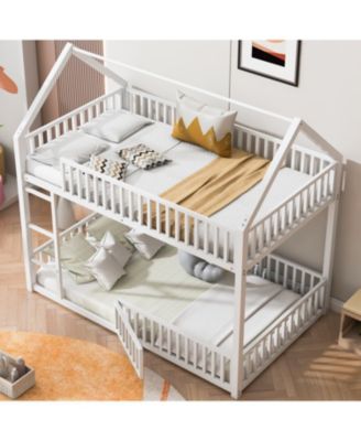 Metal Twin over Twin House Bunk Bed with Fence and Door