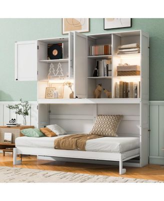 Twin Size Wall Murphy Bed with Cabinet, Shelves, Light & USB