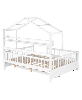 Wooden Full Size House Bed with Twin Size Trundle, Kids Bed with Shelf
