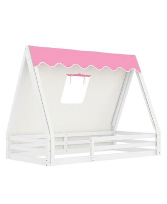 Twin Size House Floor Bed with Tent and Light, Solid Wood Teepee Bed