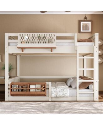 Queen Bunk Bed with Ladder, Guardrails, Pegboard & Bookshelf, Beige