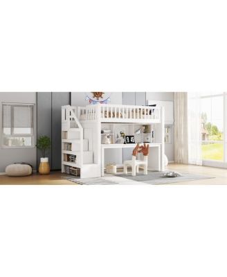 Twin Loft Bed with Desk, Storage Shelf & Stairs