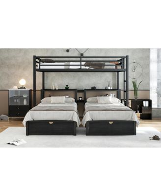 Over Twin & Twin Triple Bunk Bed with Drawers & USB