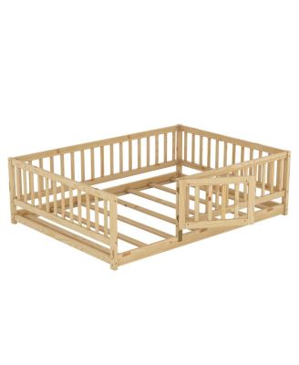 Full Size Montessori Floor Bed with Fence and Door, Oak