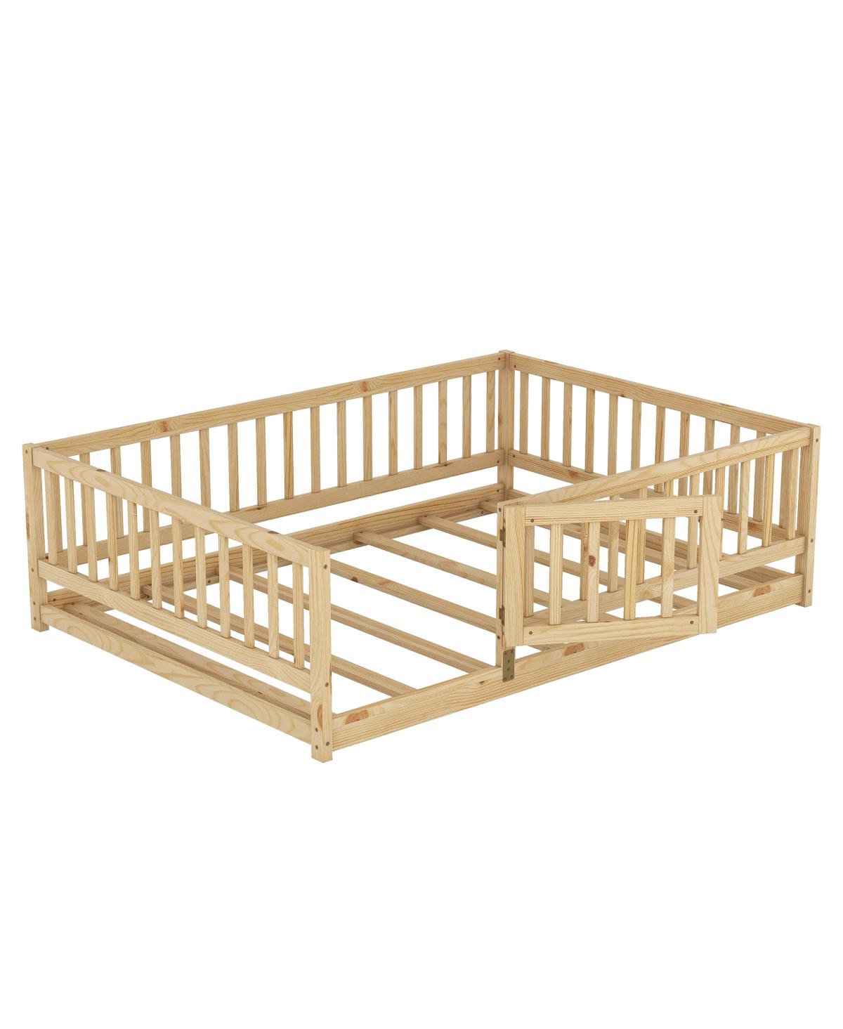 Streamdale Furniture Full Size Montessori Floor Bed with Fence and Door, Oak