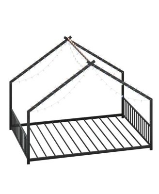 Children's Full Size Bed Frame with LED Lights, Roof-Shaped Iron, Black
