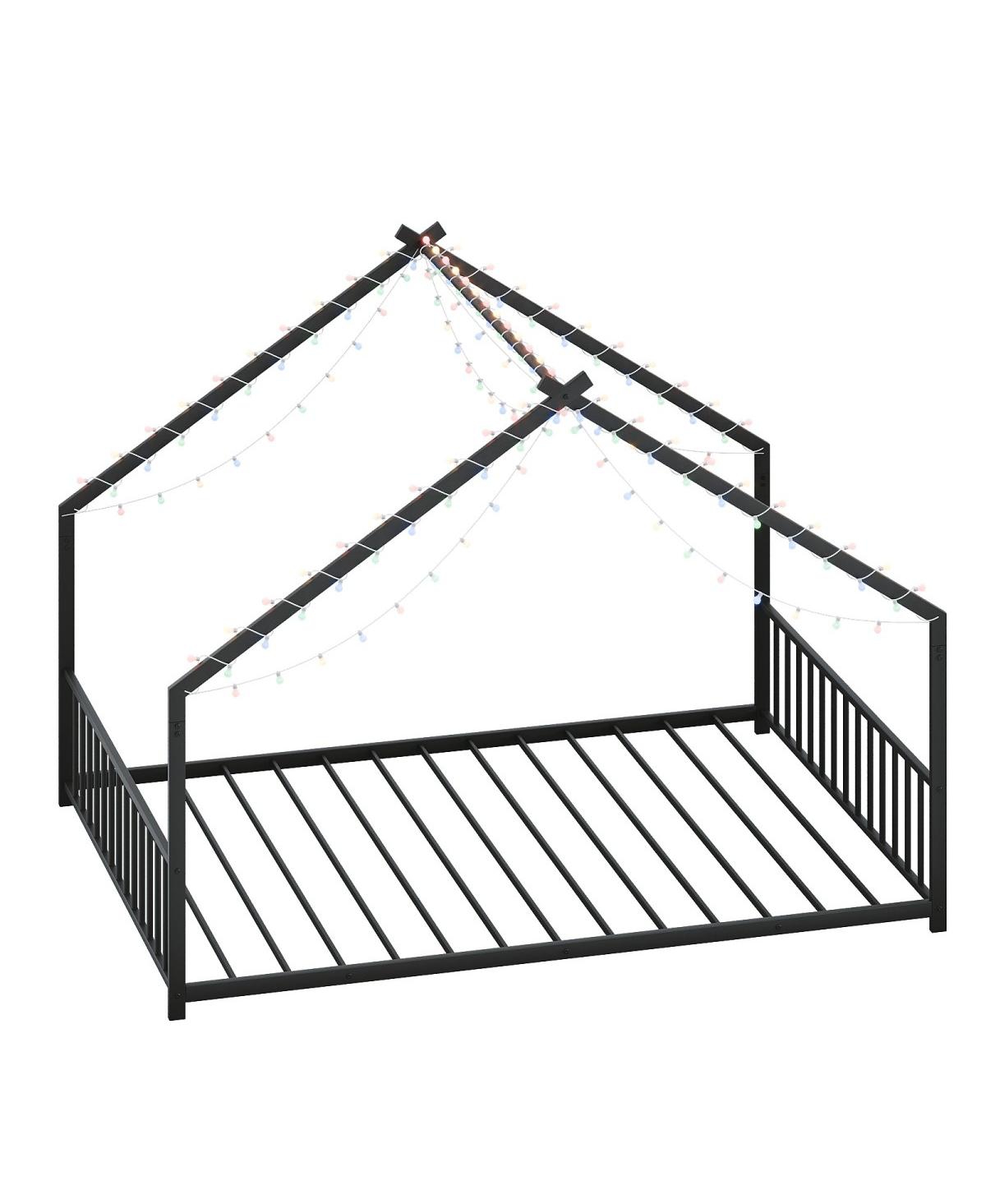 Streamdale Furniture Children's Full Size Bed Frame with Led Lights, Roof-Shaped Iron, Black