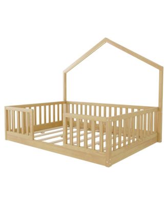 Full Floor Bed with High Rails, Wooden Montessori Bed with Light for Kids