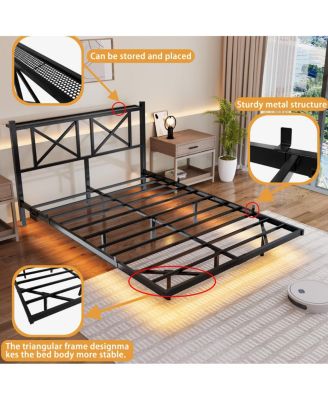 Full Size Floating Bed Frame with Headboard, USB & LED Lights