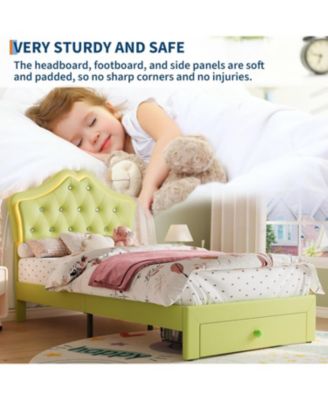 Twin Size Upholstered Bed Frame with LED Headboard Lights & Storage Drawer, Noise Free, Platform Bed for Kids and Teens
