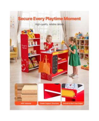 Kids Grocery Store Playset, Wooden Play Store with Shopping Bag, Kids Supermarket Pretend Play Toy Set with Conveyor Belt