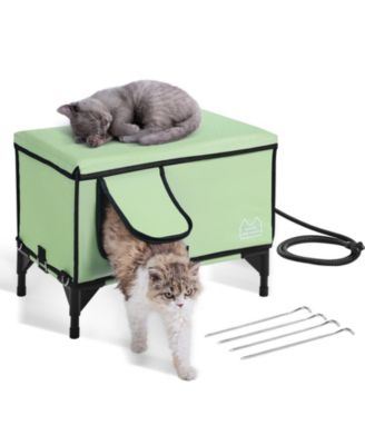 Green Elevated Heated Cat House Cuboid Kitty Shelter with Heating Pad (M)