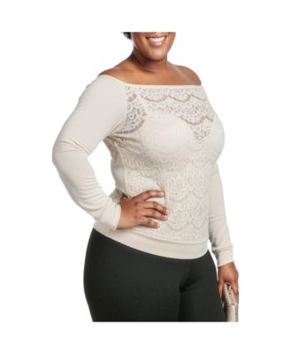 Plus Size Lace Ponte Boat Neck Blouse Tops