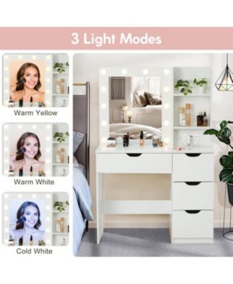 Modern Vanity Makeup Desk  Vanity Mirror Built-in Lights 4 Drawers for Bedrooms, Apartments, Easy to Assemble