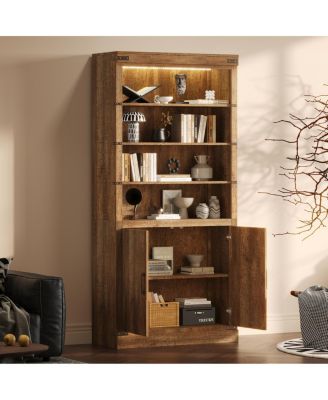 Streamdale Modern Bookshelf with Doors, 3-Tier Adjustable Shelves, LED Light, Walnut
