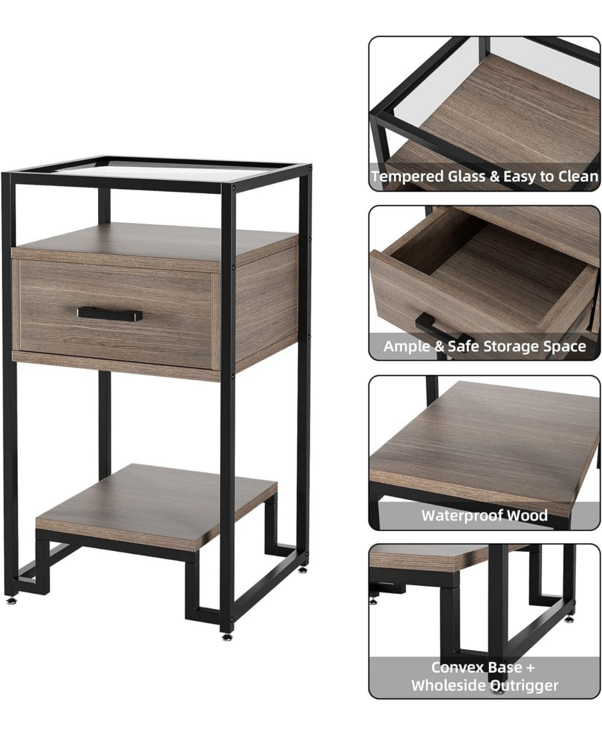 gaomon Modern Nightstand with Glass Panel, Small Side Table with Open Shelves and Glass Top 3-Tier Storage, for Bedroom & Living Room