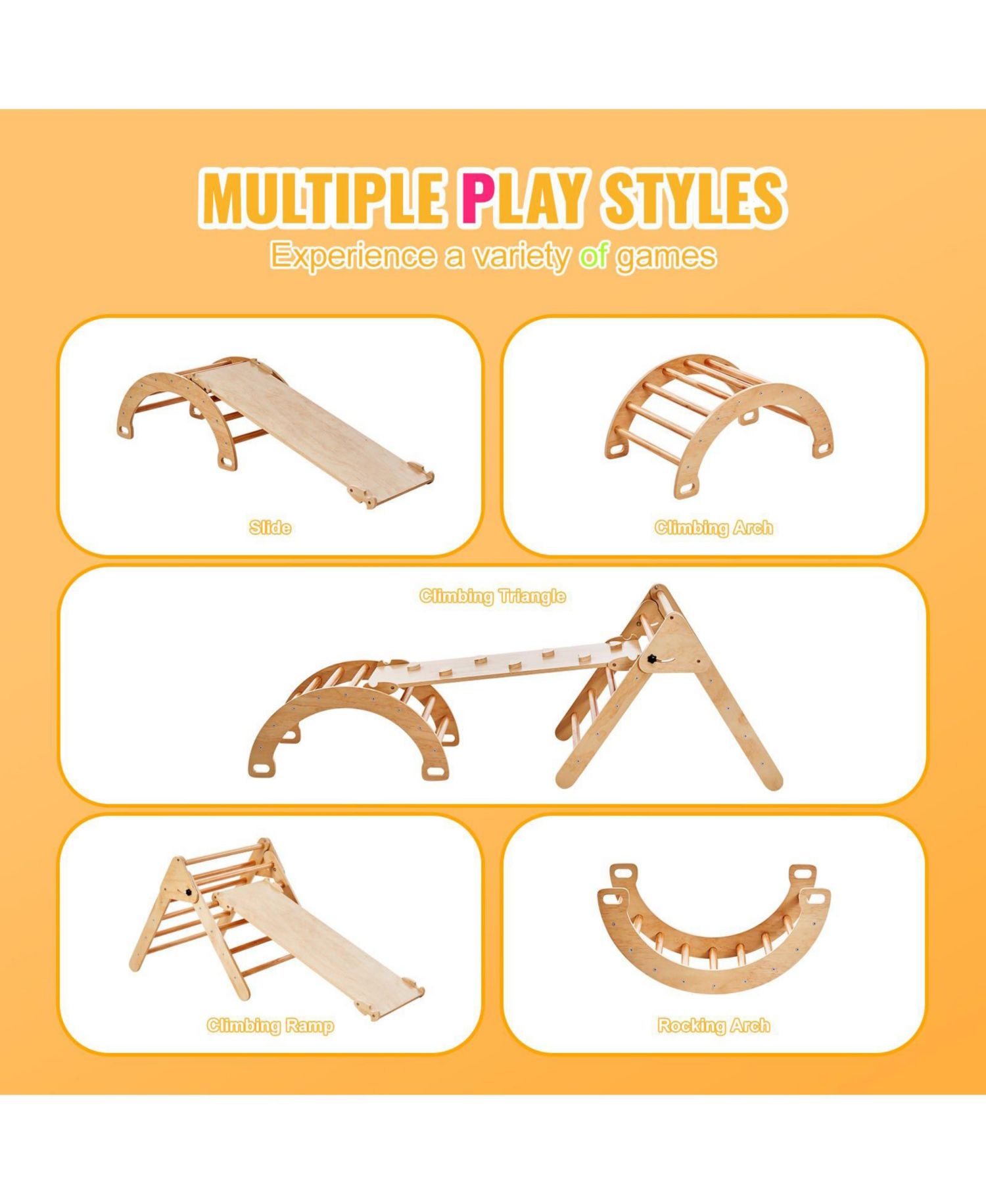 Pikler Triangle 5-in-1 Montessori-Inspired Wooden Climbing Gym, 3-Piece Set