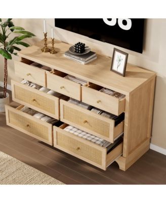 7 Drawer Dresser for Bedroom, 47.3" Wide Natural Rattan Chest of Drawers