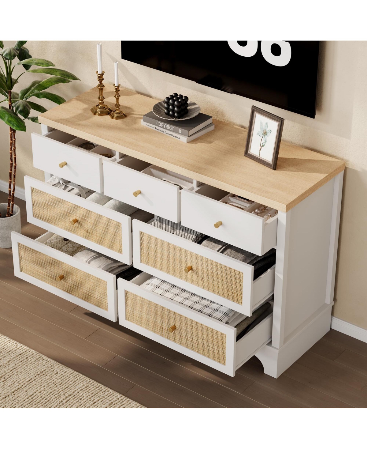 Gaomon 7 Drawer Dresser for Bedroom, 47.3" Wide Natural Rattan Chest of Drawers