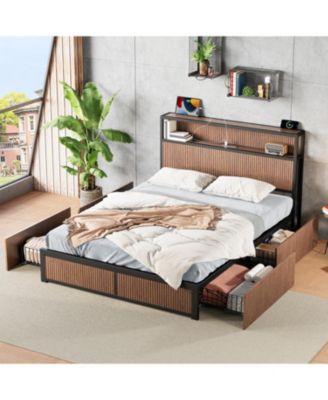Large Wooden Platform Bed Frame with Storage & Socket