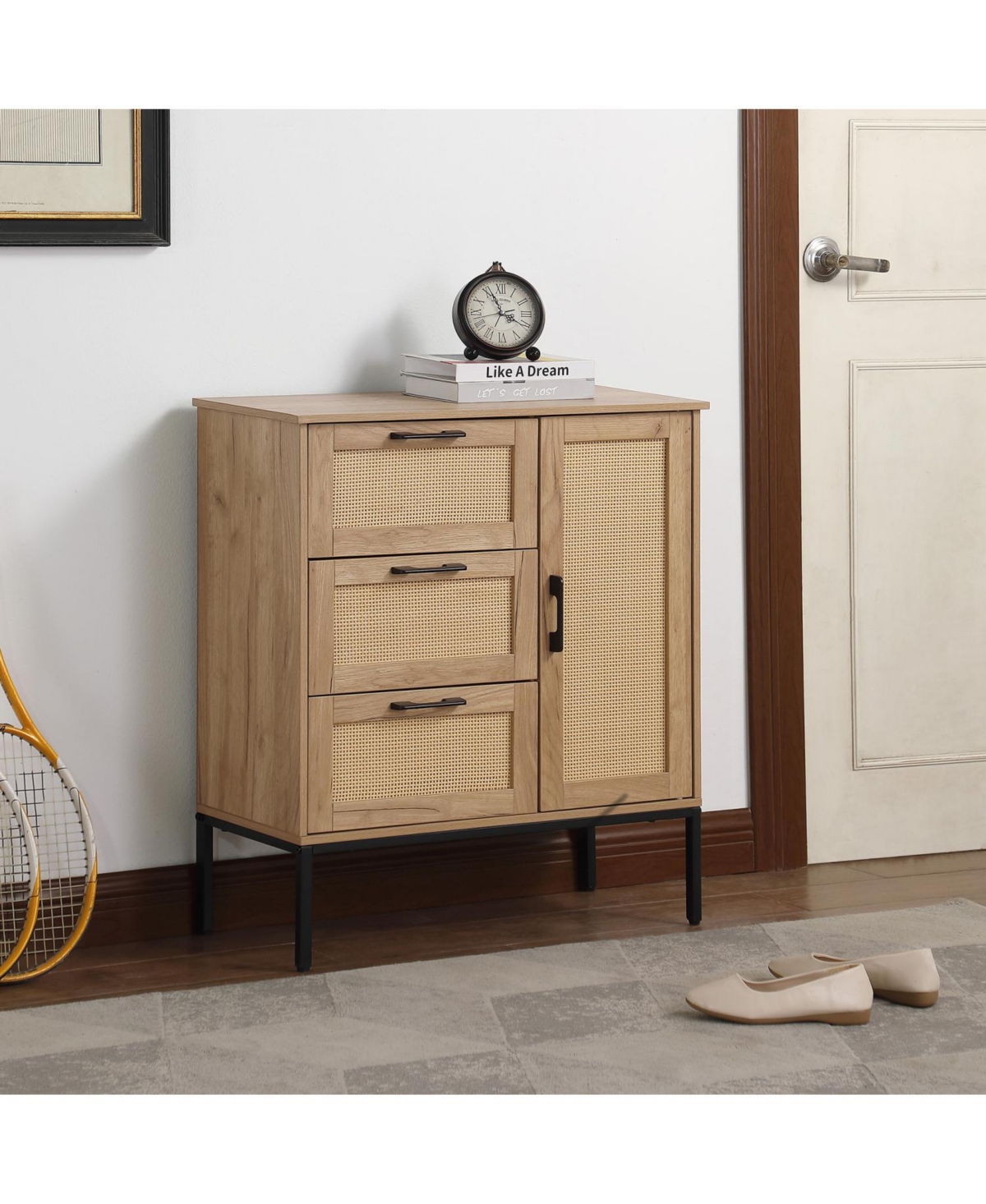 Streamdale Furniture Mid-Century Storage Cabinet- Rattan Doors, 3 Drawers, Adjustable Shelves