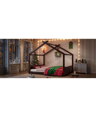 Queen House Floor Bed with Slats, Solid Wood House Bed Frame for Kids