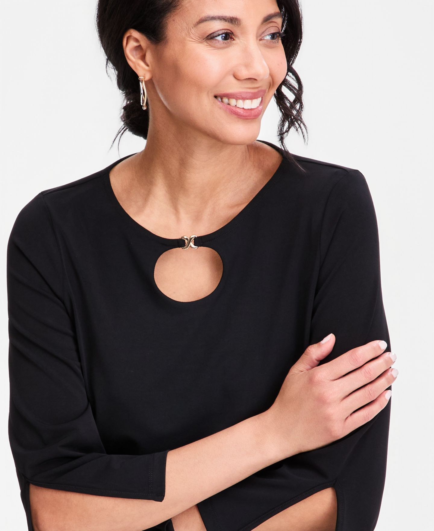 Женский топ JM Collection Split-Sleeve Keyhole-Neck Top, цвет: Глубокий чёрный — фото 3