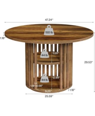 47-Inch Round Dining Table for 4, Farmhouse Kitchen Table with 2-Tier Storage Shelf and Solid Wood Base, Brown