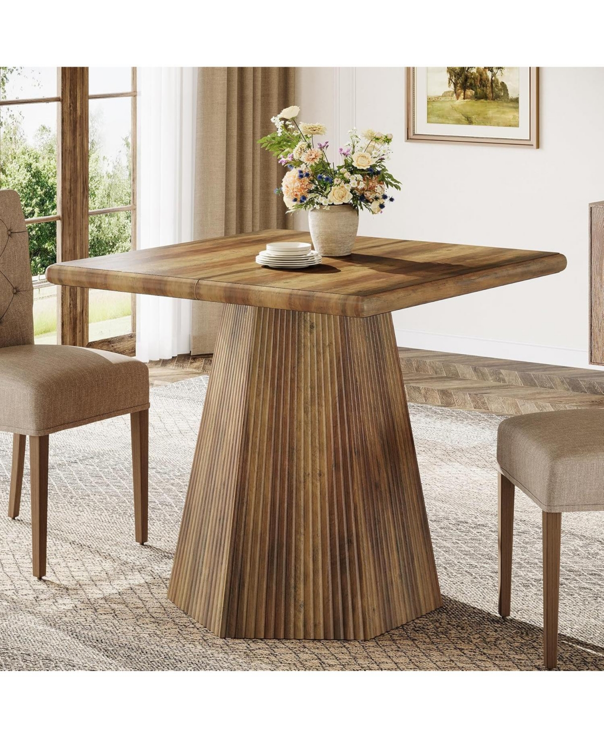 Tribesigns Square Dining Table for 4, 31.5-Inch Farmhouse Kitchen Table with Sturdy Pedestal Base for Kitchen & Dining Room & Living Room