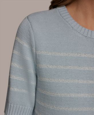 Women's Elbow-Sleeve Crew Neck Striped Sequin Sweater