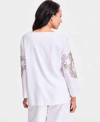 Women's Bead-Embellished Linen-Blend Top