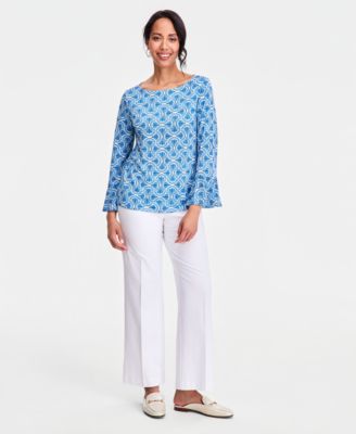 Women's Printed Boat-Neck Bell-Sleeve Top