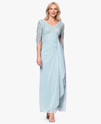 B&A By Betsy & Adam Petite Draped Lace Back Gown