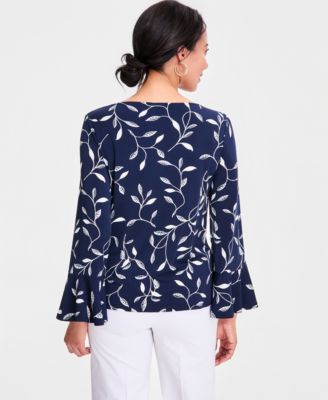 Women's Printed Boat-Neck Bell-Sleeve Top