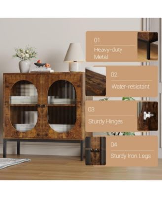 Rattan Buffet Storage Cabinet with Adjustable Shelves Wooden Sideboard Cabinet with 2-Tier Storage