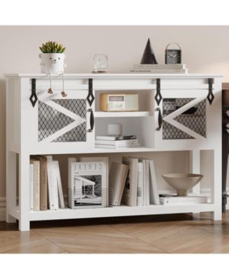 46" Farmhouse Entryway Console Table with Sliding Barn Door & Ample Storage Shelf - Narrow Rustic Wooden Sofa Table for Living Room and Foyer