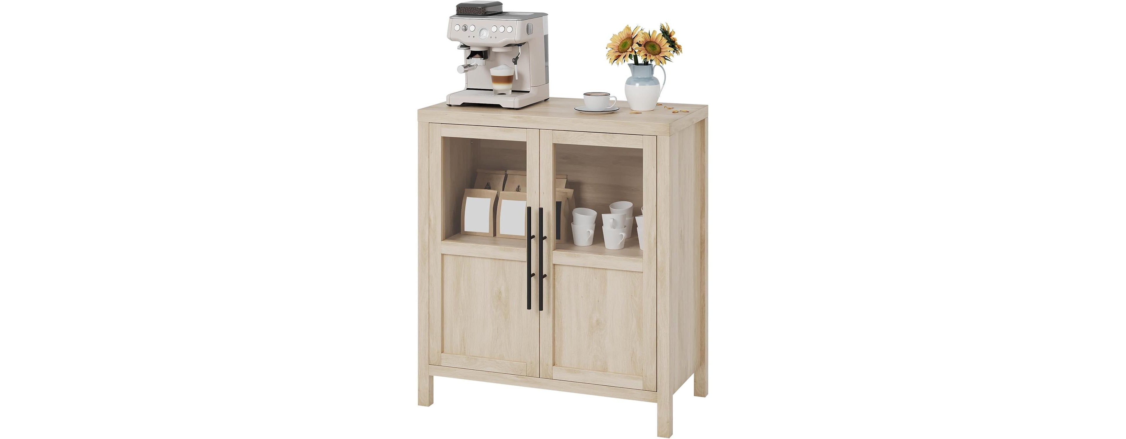 Gaomon Sideboard With 2 Glass Doors, 29" Large Buffet Cabinet Solid Wood Countertop, Coffee Bar