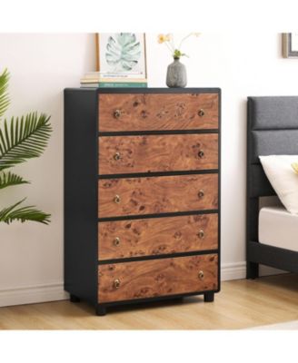 Wood Dresser with 5 Drawers – 46" Tall Bedroom Chest with Curved Profile & Vintage Circle Handles
