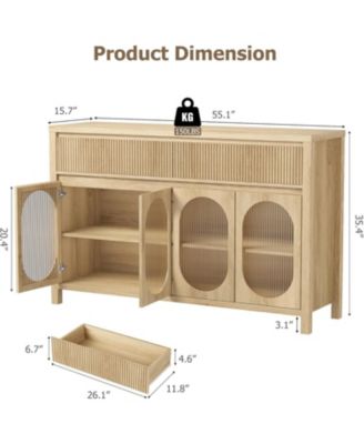 55" Large Sideboard Buffet Cabinet with Storage and 2 Fluted Drawer Front, Buffet Table Coffee Bar Storage Cabinet with 4 Glass Doors