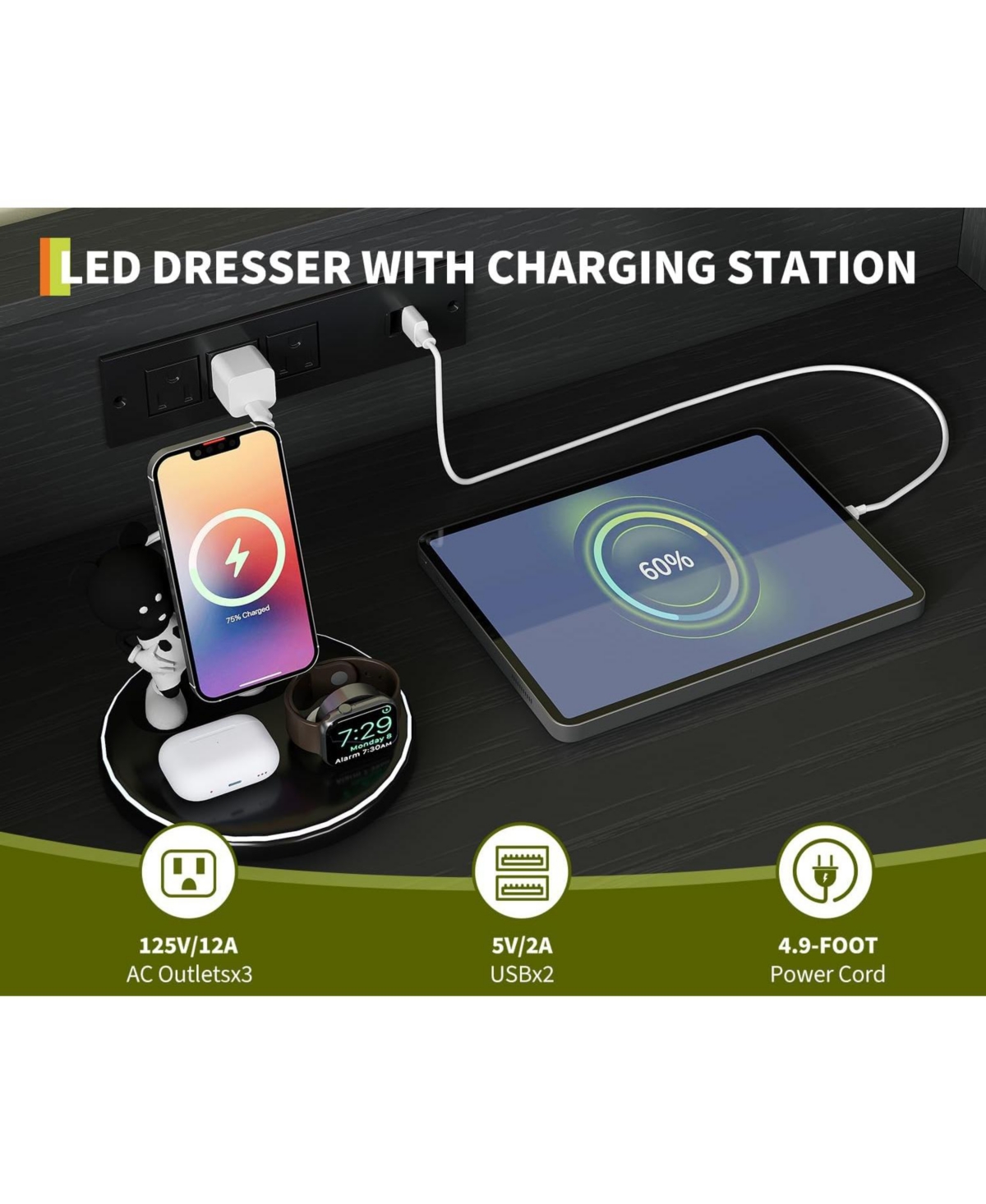 gaomon 9-Drawer Tall Dresser with App-Controlled Rgb Lights & Charging Station, Modern Wooden Chest 3 Outlets/2 Usb