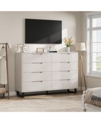 Farmhouse TV Stand with 8 Drawers Storage, Entertainment Center with Sturdy Metal Legs