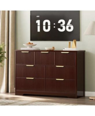 7 Drawer Wooden Dressers for Bedroom, Fluted Dresser with Gold Handles for Adult Bedroom