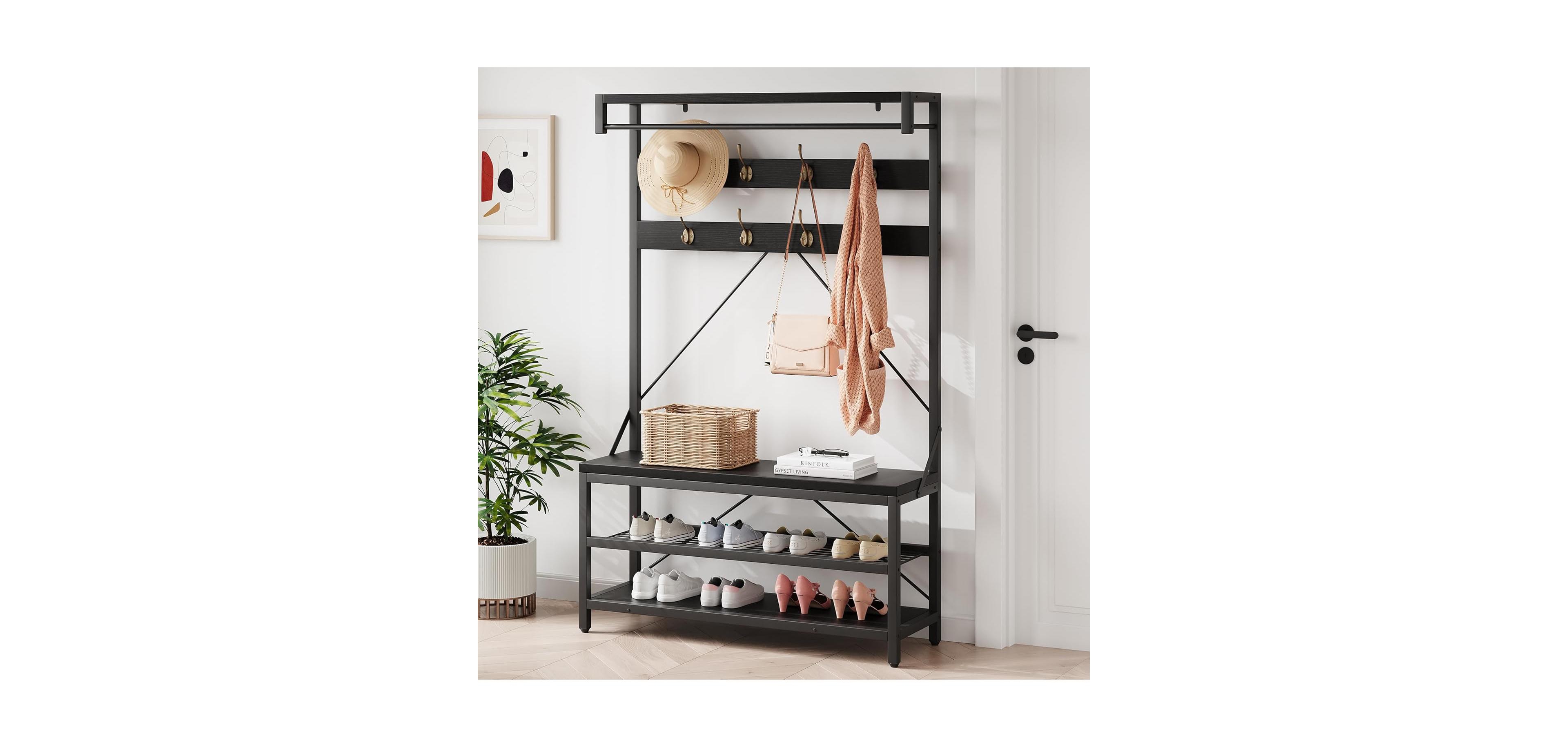 gaomon 72" Industrial Hall Tree with Shoe Bench & Coat Rack, Entryway Storage Organizer 8 Hooks, 3-Tier Shelf Metal Frame