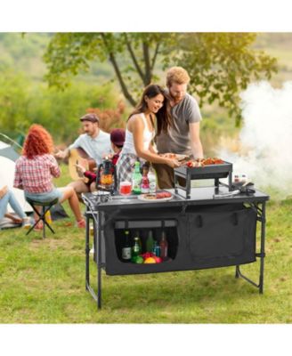 Camping Kitchen Table – Folding Aluminum Cook Station with Storage & Adjustable Heights