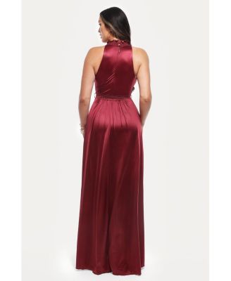 Women's Draped High Neck Sculpting Floral-Print Maxi Dress