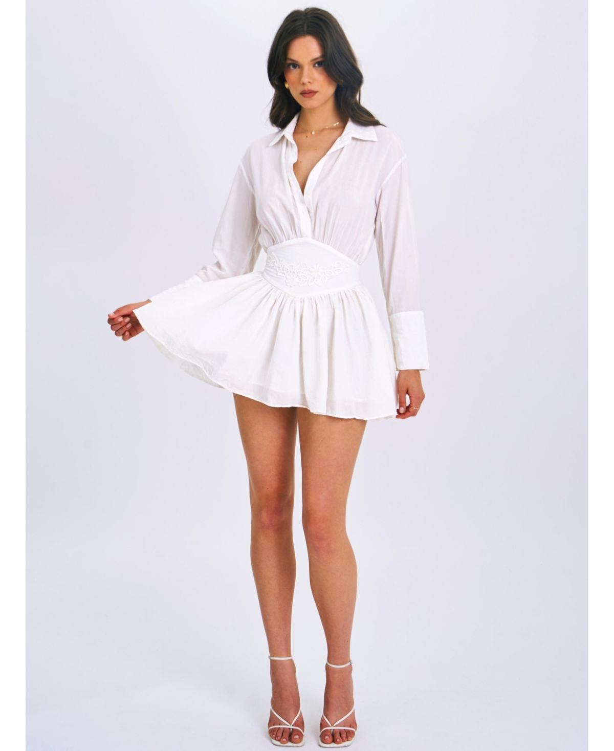 Miss Circle Women's Jamila White Shirt Mini Dress with Embroidered Waist Detail