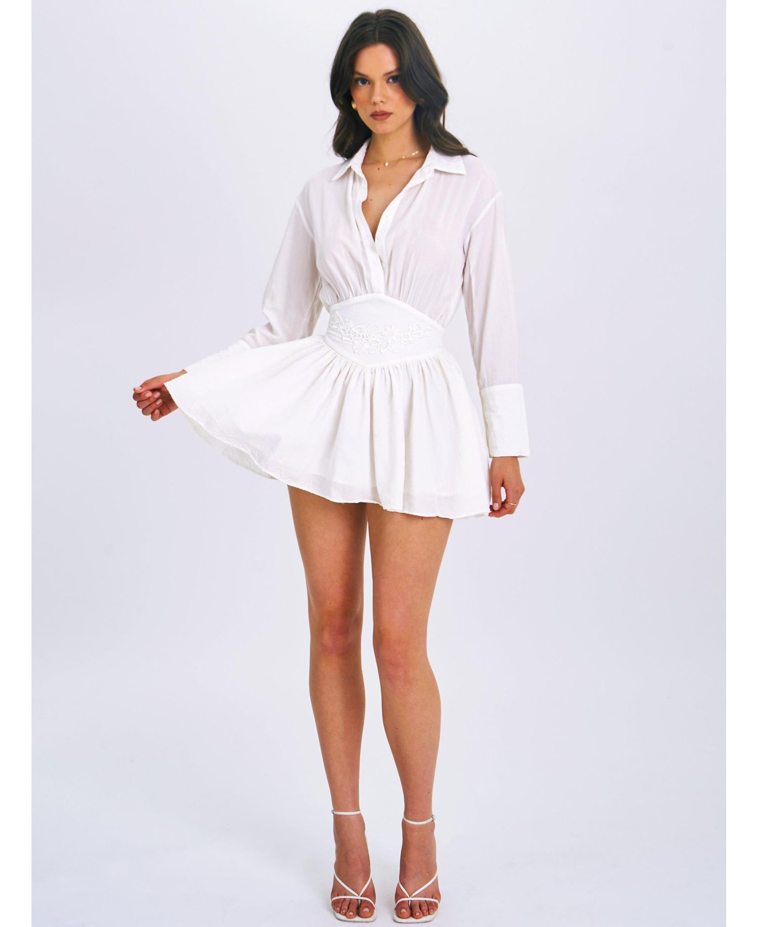 Women's Jamila White Shirt Mini Dress with Embroidered Waist Detail