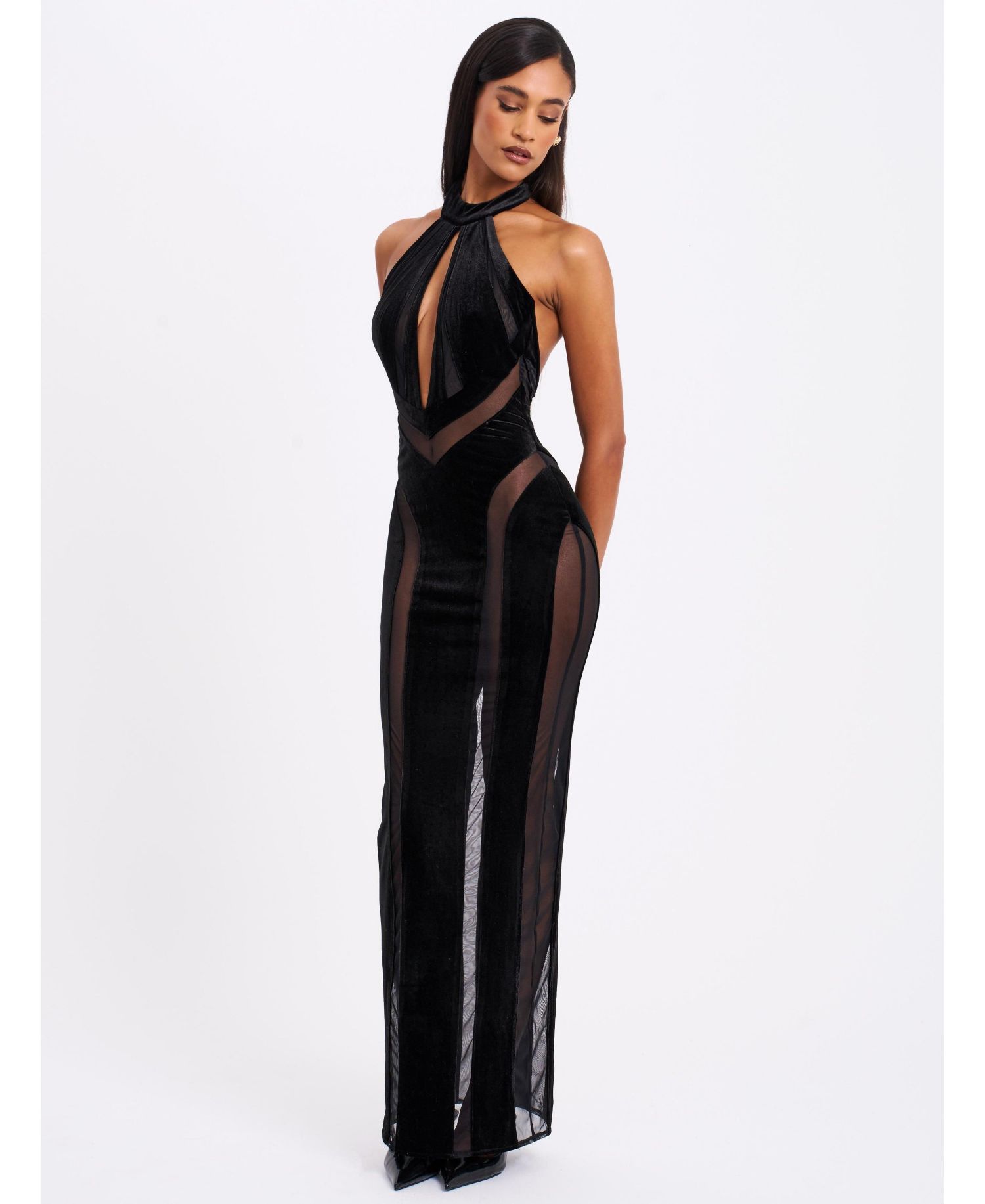 Women's Paityn Black Velvet Mesh Cutout Halter Gown
