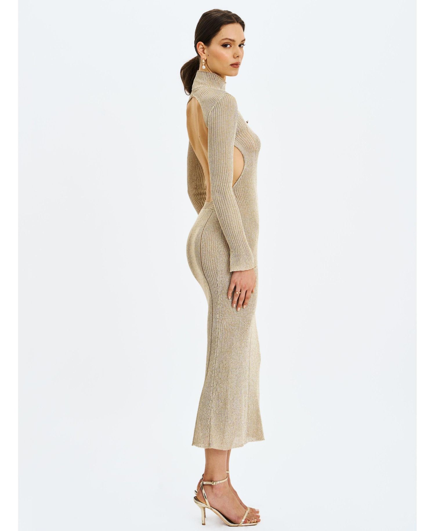 Women's Shay Gold Stretch Knit Backless Long Sleeve Dress